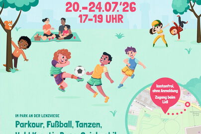 Plakat der Ferienaktion „Lenzwiese 2026“ des Kinderschutzbundes Köln-Humboldt/Gremberg mit bunten Illustrationen